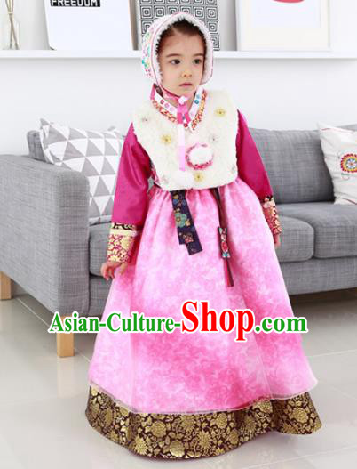 Traditional Korean National Handmade Formal Occasions Girls Palace Hanbok Costume Embroidered Red Blouse and Pink Dress for Kids