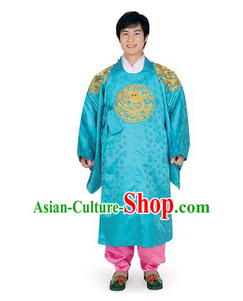 Korean National Traditional Handmade Wedding Embroidery Hanbok Costume, Asian Korean Palace Bridegroom Blue Dragon Robe for Men