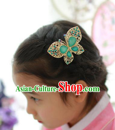 Traditional Korean National Hair Accessories Green Butterfly Hair Stick, Asian Korean Fashion Wedding Hanbok Hair Decorations Headwear for Women