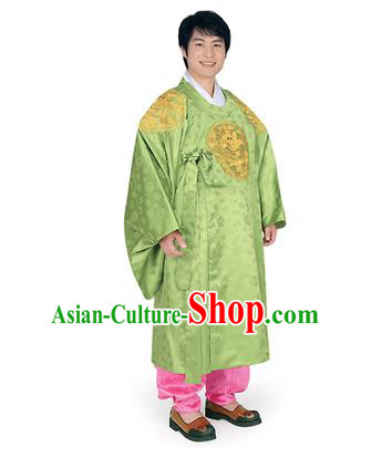 Korean National Traditional Handmade Wedding Embroidery Hanbok Costume, Asian Korean Palace Bridegroom Green Dragon Robe for Men