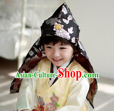 Traditional Korean Hair Accessories Prince Embroidered Black Hats, Asian Korean Fashion Headwear for Boys