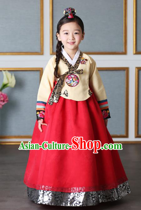 Asian Korean National Traditional Handmade Formal Occasions Girls Embroidery Hanbok Costume Yellow Blouse and Red Dress Complete Set for Kids