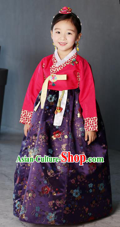 Asian Korean National Traditional Handmade Formal Occasions Girls Embroidery Hanbok Costume Red Blouse and Purple Dress Complete Set for Kids