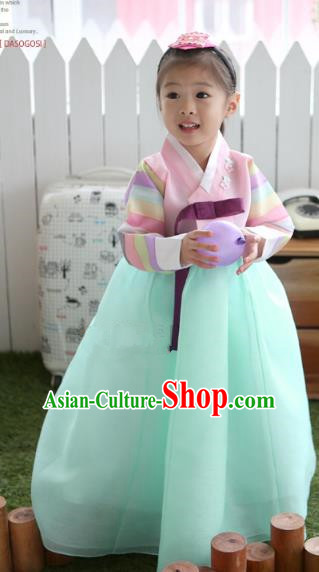 Asian Korean National Traditional Handmade Formal Occasions Girls Embroidery Hanbok Costume Pink Blouse and Green Dress Complete Set for Kids