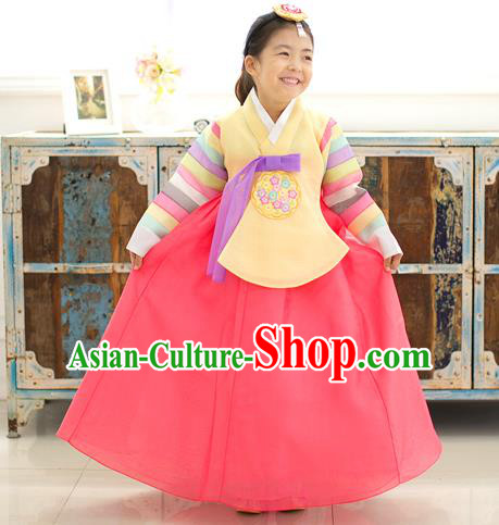 Asian Korean National Traditional Handmade Formal Occasions Girls Embroidery Hanbok Costume Yellow Blouse and Red Dress Complete Set for Kids