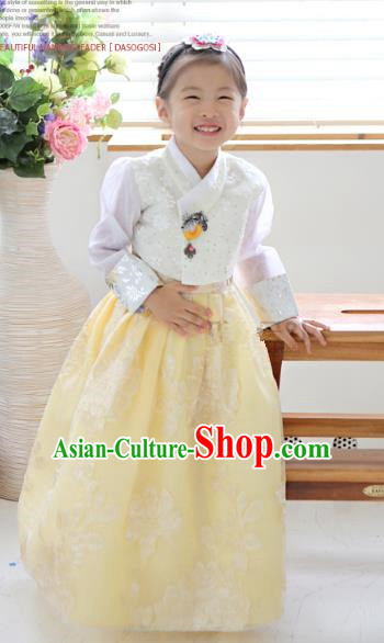 Asian Korean National Traditional Handmade Formal Occasions Girls Embroidery Hanbok Costume White Blouse and Yellow Dress Complete Set for Kids