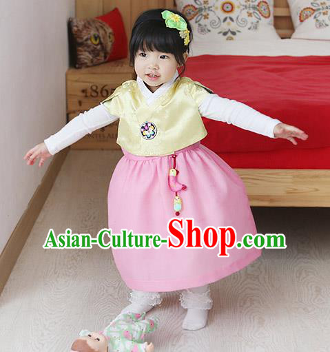 Traditional Korean National Handmade Formal Occasions Girls Embroidery Hanbok Costume Yellow Blouse and Pink Dress Complete Set for Kids