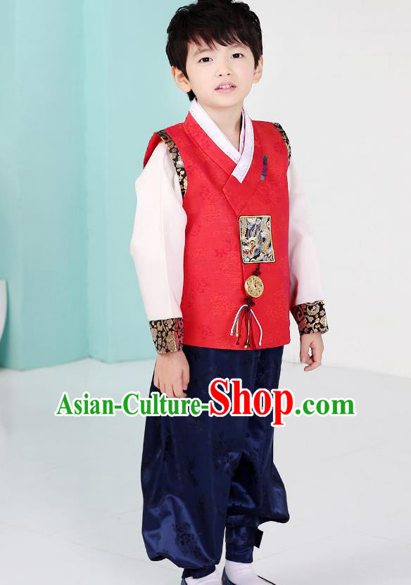 Asian Korean National Traditional Handmade Formal Occasions Boys Embroidery Red Hanbok Costume Complete Set for Kids