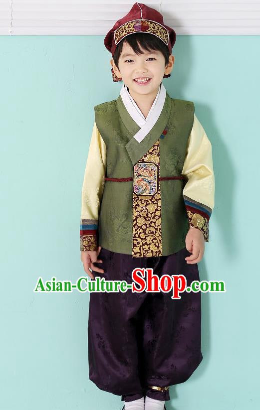 Asian Korean National Traditional Handmade Formal Occasions Boys Embroidery Green Hanbok Costume Complete Set for Kids