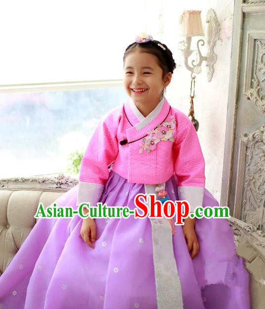 Korean National Handmade Formal Occasions Girls Embroidery Hanbok Costume Pink Blouse and Purple Dress Complete Set for Kids