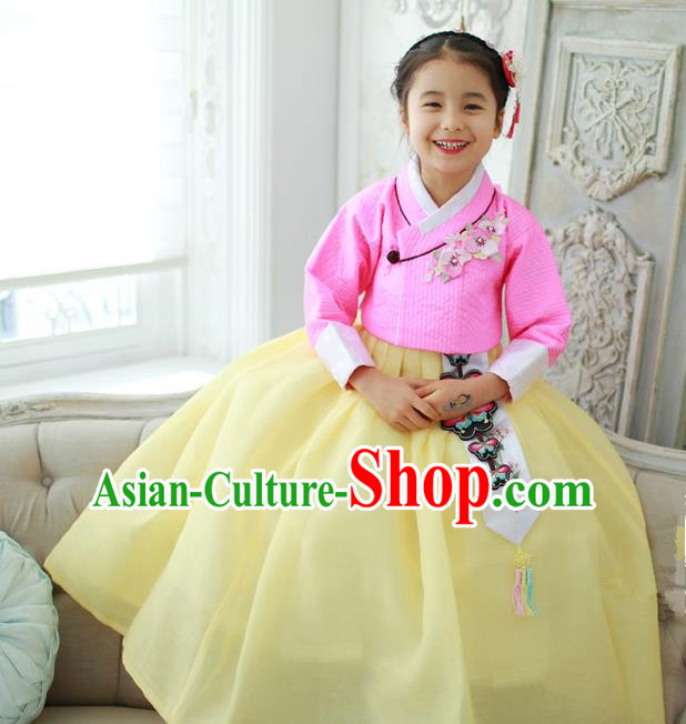 Korean National Handmade Formal Occasions Girls Embroidery Hanbok Costume Pink Blouse and Yellow Dress Complete Set for Kids