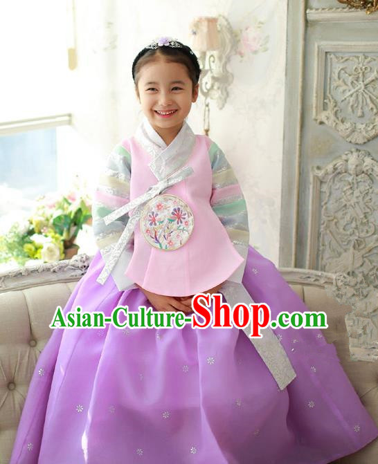 Korean National Handmade Formal Occasions Girls Embroidery Hanbok Costume Pink Blouse and Purple Dress Complete Set for Kids