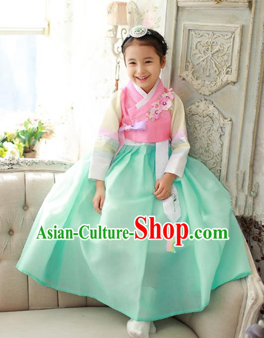 Korean National Handmade Formal Occasions Girls Embroidery Hanbok Costume Pink Blouse and Green Dress Complete Set for Kids