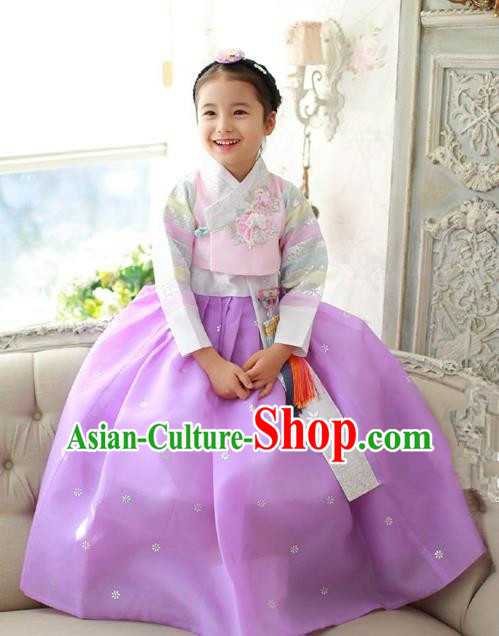 Korean National Handmade Formal Occasions Girls Embroidery Hanbok Costume Pink Blouse and Dress Complete Set for Kids