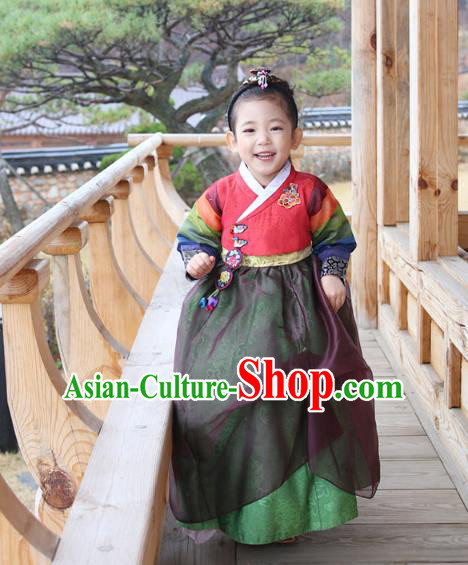 Traditional Korean National Handmade Formal Occasions Girls Embroidery Hanbok Costume Red Blouse and Green Dress Complete Set for Kids