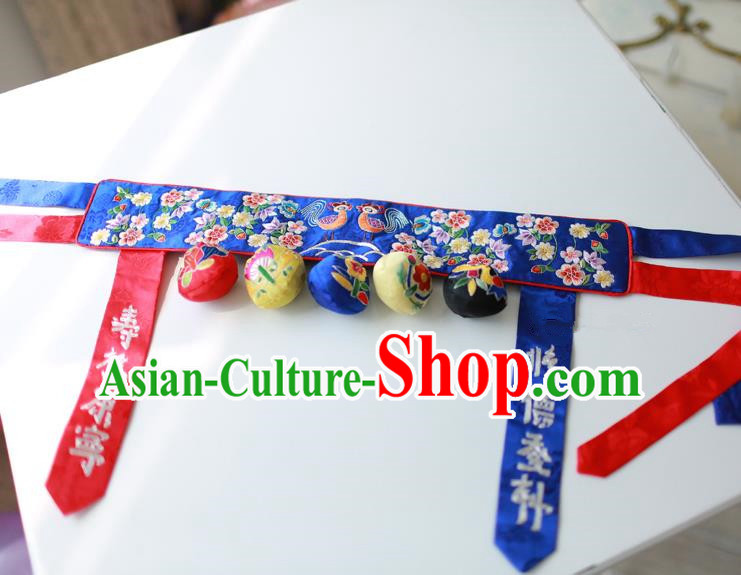 Traditional Korean Accessories Embroidered Flowers Blue Waist Belts, Asian Korean Fashion Hanbok Waistband Decorations for Kids