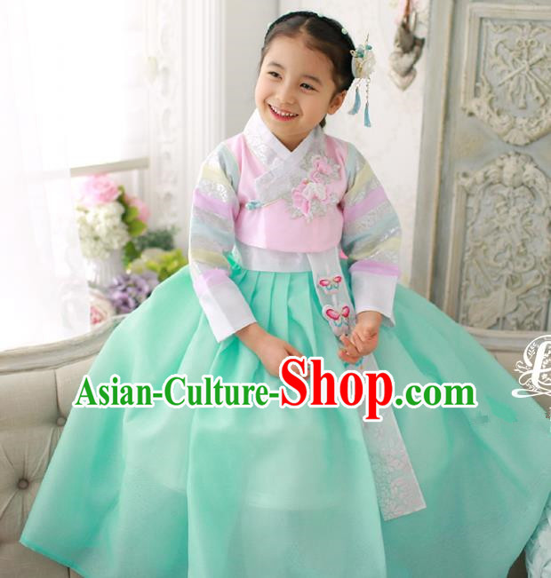 Korean National Handmade Formal Occasions Girls Embroidery Hanbok Costume Pink Blouse and Green Dress for Kids