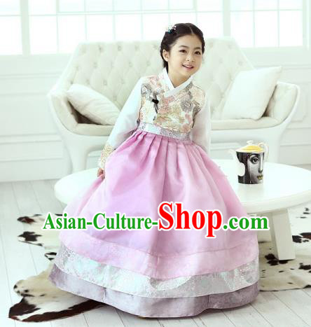 Traditional Korean National Handmade Formal Occasions Girls Hanbok Costume Embroidered Blouse and Pink Dress for Kids