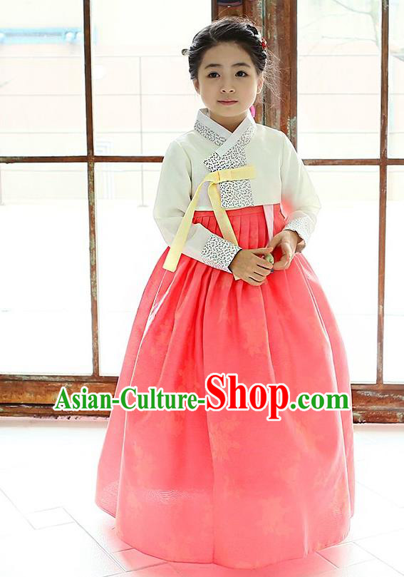 Traditional Korean National Handmade Formal Occasions Girls Hanbok Costume Embroidered White Blouse and Orange Dress for Kids