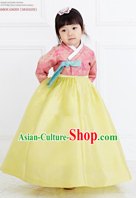 Traditional Korean National Handmade Formal Occasions Girls Hanbok Costume Embroidered Pink Blouse and Yellow Dress for Kids