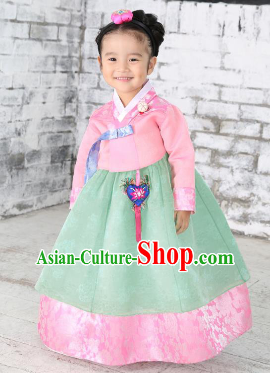 Traditional Korean National Handmade Formal Occasions Girls Palace Hanbok Costume Embroidered Pink Blouse and Dress for Kids