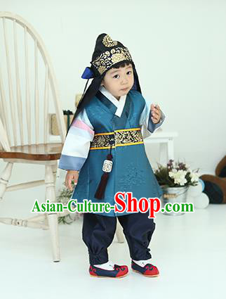 Asian Korean National Traditional Handmade Formal Occasions Boys Embroidery Blue Hanbok Costume Complete Set for Kids