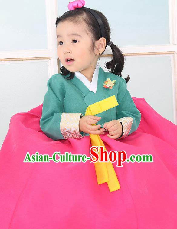 Traditional Korean National Handmade Formal Occasions Embroidered Green Blouse and Rosy Dress Girls Palace Hanbok Costume for Kids