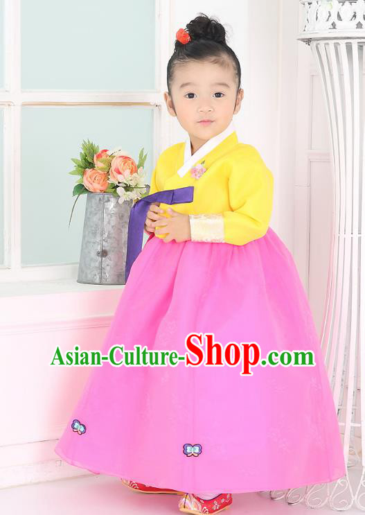 Korean National Handmade Formal Occasions Embroidered Yellow Blouse and Pink Dress, Asian Korean Girls Palace Hanbok Costume for Kids