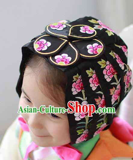 Traditional Korean National Hair Accessories Bride Embroidered Black Hats, Asian Korean Fashion Hanbok Headwear for Girls