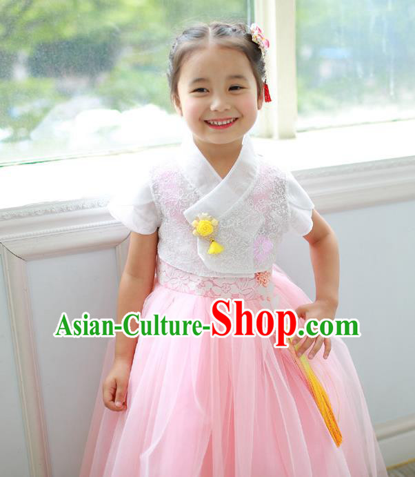 Korean National Handmade Formal Occasions Embroidered White Blouse and Pink Dress, Asian Korean Girls Palace Hanbok Costume for Kids