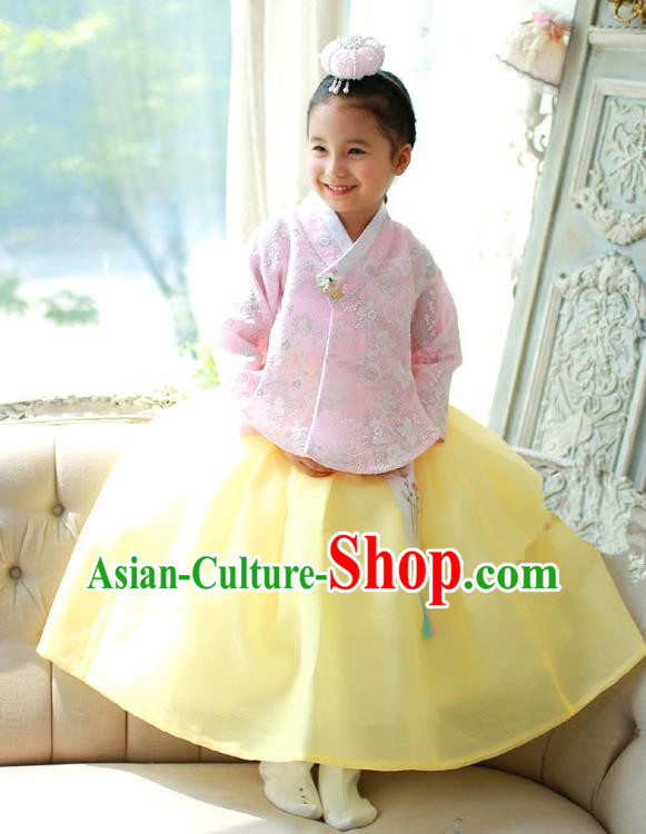 Korean National Handmade Formal Occasions Embroidered Pink Blouse and Yellow Dress, Asian Korean Girls Palace Hanbok Costume for Kids