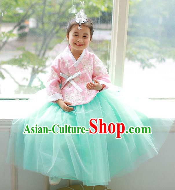 Korean National Handmade Formal Occasions Embroidered Pink Blouse and Green Dress, Asian Korean Girls Palace Hanbok Costume for Kids