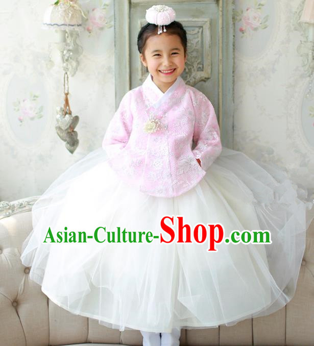 Korean National Handmade Formal Occasions Embroidered Pink Lace Blouse and White Dress, Asian Korean Girls Palace Hanbok Costume for Kids