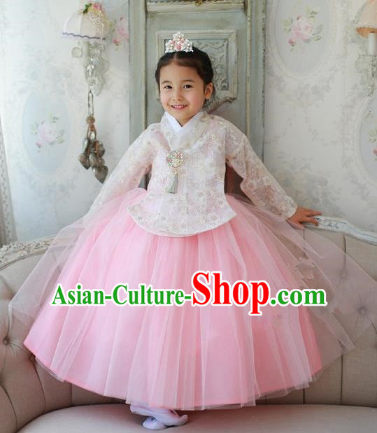 Korean National Handmade Formal Occasions Embroidered White Lace Blouse and Pink Dress, Asian Korean Girls Palace Hanbok Costume for Kids