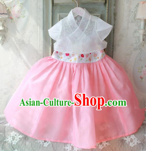 Korean National Handmade Formal Occasions Embroidered White Lace Blouse and Pink Dress, Asian Korean Girls Palace Hanbok Costume for Kids