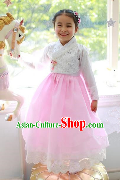 Korean National Handmade Formal Occasions Embroidered White Blouse and Pink Lace Dress, Asian Korean Girls Palace Hanbok Costume for Kids