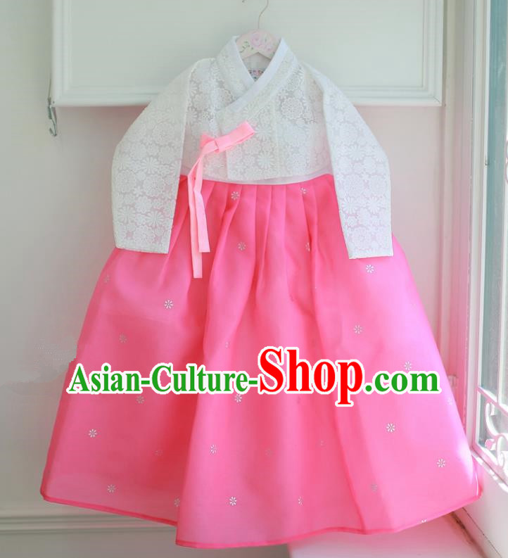 Korean National Handmade Formal Occasions Embroidered White Lace Blouse and Pink Dress, Asian Korean Girls Palace Hanbok Costume for Kids