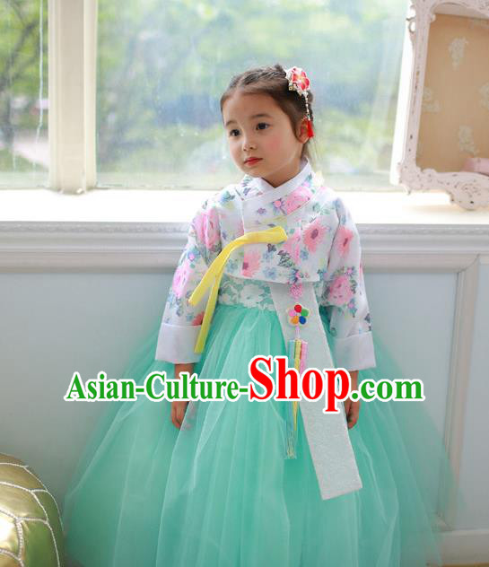 Korean National Handmade Formal Occasions Printing Blouse and Green Veil Dress, Asian Korean Girls Palace Hanbok Costume for Kids