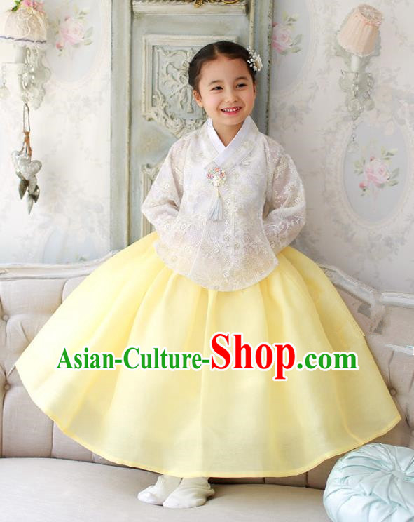 Korean National Handmade Formal Occasions White Embroidered Blouse and Yellow Dress, Asian Korean Girls Palace Hanbok Costume for Kids