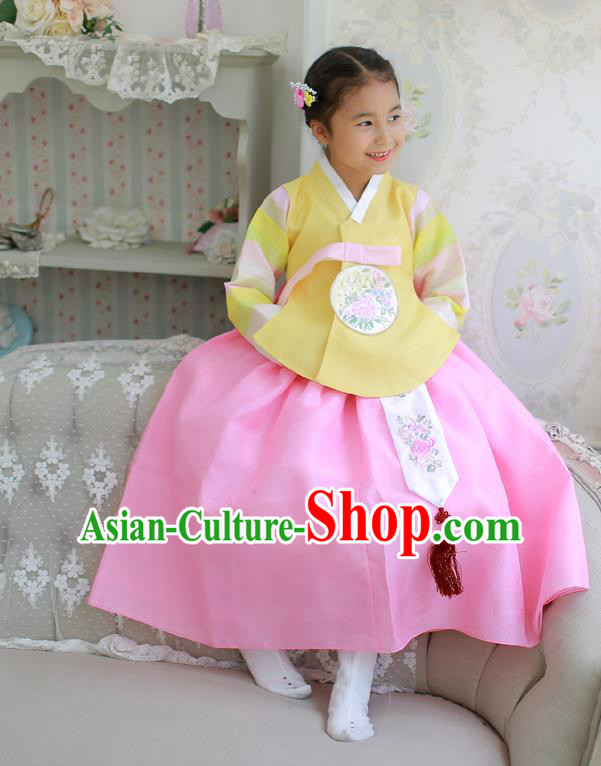 Korean National Handmade Formal Occasions Embroidered Yellow Blouse and Pink Dress Hanbok Costume for Kids