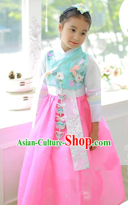 Korean National Handmade Formal Occasions Embroidered Blue Blouse and Pink Dress Hanbok Costume for Kids