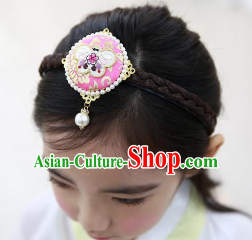 Traditional Korean Hair Accessories Embroidered Butterfly Pink Hair Clasp, Asian Korean Wedding Hanbok Hair Decorations Headwear for Kids