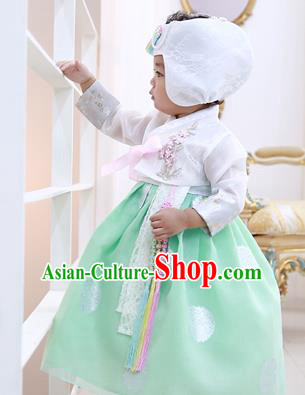 Asian Korean National Handmade Formal Occasions Embroidered White Blouse and Green Dress Hanbok Costume for Kids