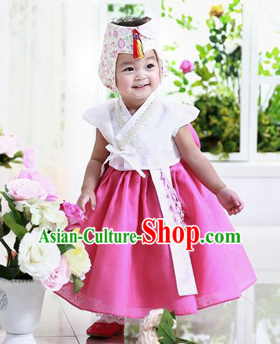 Asian Korean National Handmade Formal Occasions Embroidered White Blouse and Pink Dress Hanbok Costume for Kids