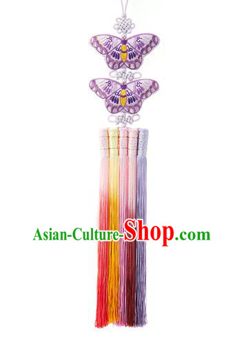 Korean National Accessories Bride Chinese Knots Embroidered Purple Butterfly Waist Pendant, Asian Korean Wedding Hanbok Tassel Palace Taeniasis Waist Decorations for Women