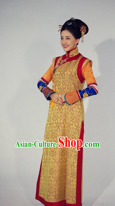 Traditional Chinese Qing Dynasty Palace Lady Costume and Headpiece Complete Set, China Ancient Manchu Imperial Concubine Mandarin Embroidered Clothing