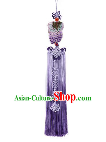 Korean National Accessories Bride Wedding Embroidered Grape Chinese Knots Waist Pendant, Asian Korean Hanbok Purple Tassel Waist Decorations for Women