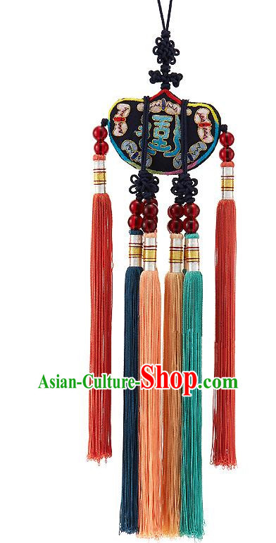 Korean National Belts Accessories Bride Wedding Embroidered Black Waist Pendant, Asian Korean Hanbok Orange Tassel Waist Decorations for Women