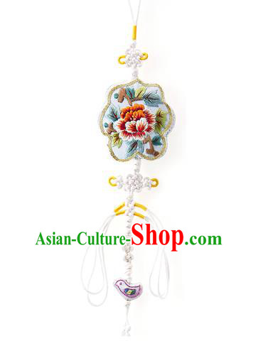 Asian Korean Hanbok Embroidered Flower White Waist Decorations, Korean National Belts Accessories Wedding Bride Waist Pendant for Women