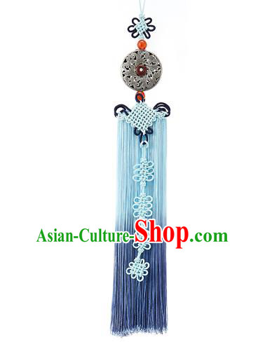 Asian Korean Hanbok Blue Tassel Waist Decorations, Korean National Belts Accessories Wedding Bride Waist Pendant for Women